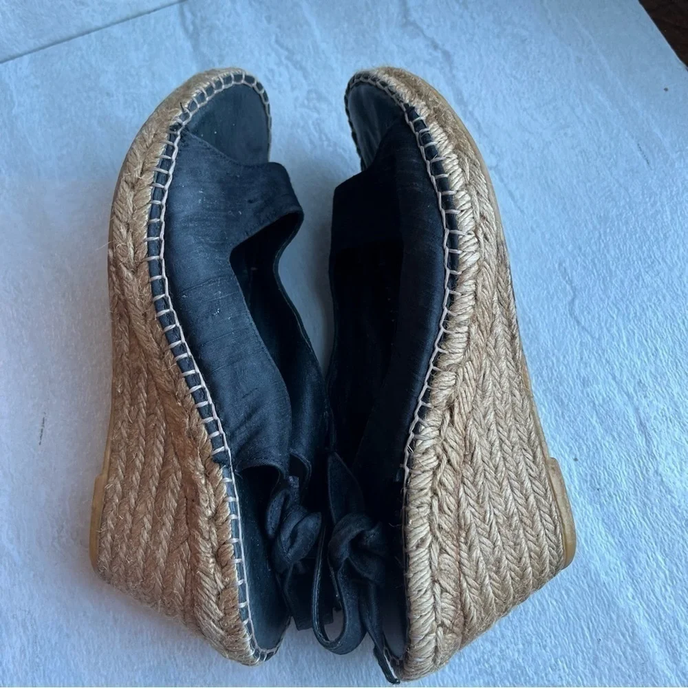** ERIC MICHAEL black Suede Espadrille Wedge Sandals 37 tie back
